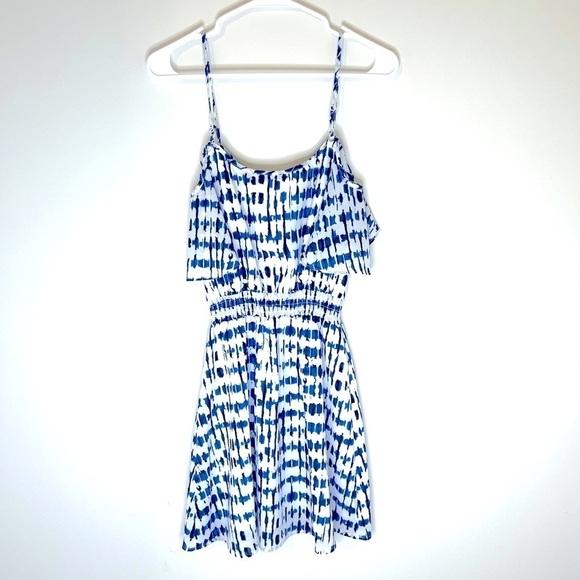 2/$30 Jack - Blue White Cold Shoulder Mini Dress Spaghetti Strap XS - Picture 6 of 8